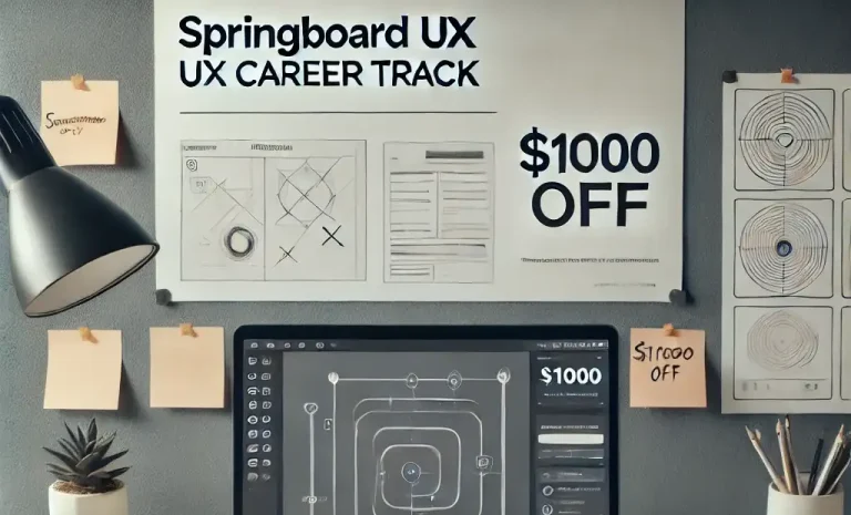 A modern UX designer workspace with a laptop displaying a wireframing tool, surrounded by design sketches, sticky notes, and a coffee cup. A prominent "$1000 Off Springboard UX Career Track" banner is placed in the center for clear visibility.